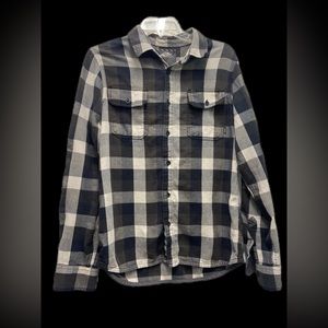 Vans Button Up Shirt Mens Size Small Black Beige Plaid Long Sleeve Pocket